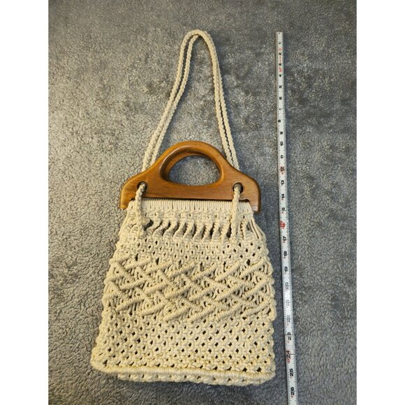 Vintage Handmade Macrame Crossbody Bag With Wooden Handles & Braided Strap - Picture 3 of 9